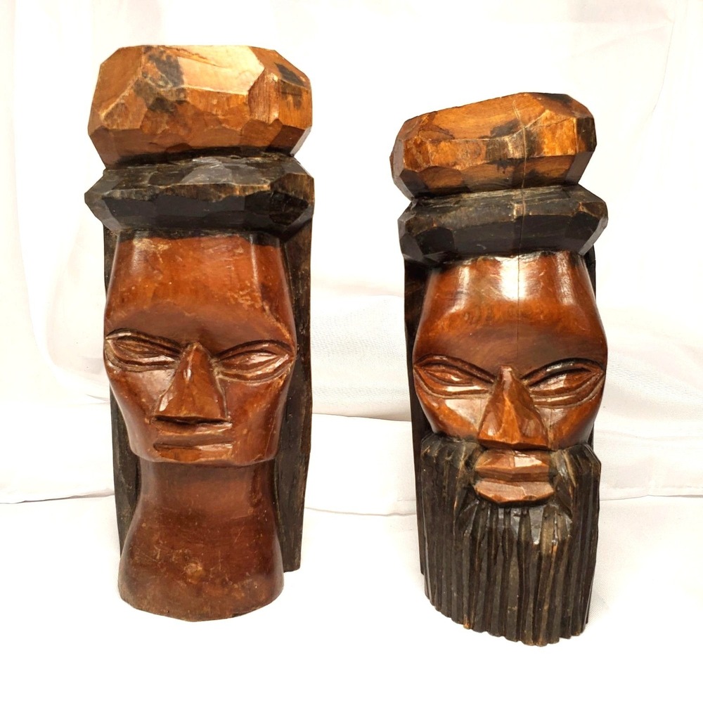 Vintage Jamaican Hand-Carved Wooden Couple Man and‎ Woman Bust Sculptures